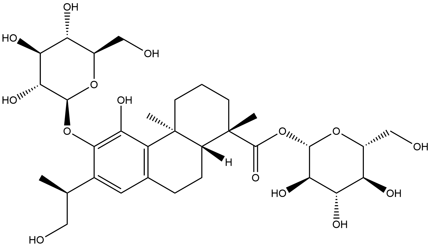 19-O-beta-D-carboxyglucopyranosyl-12-O-beta-D-glucopyranosyl-11,16-dihydroxyabieta-8,11,13-triene Structure