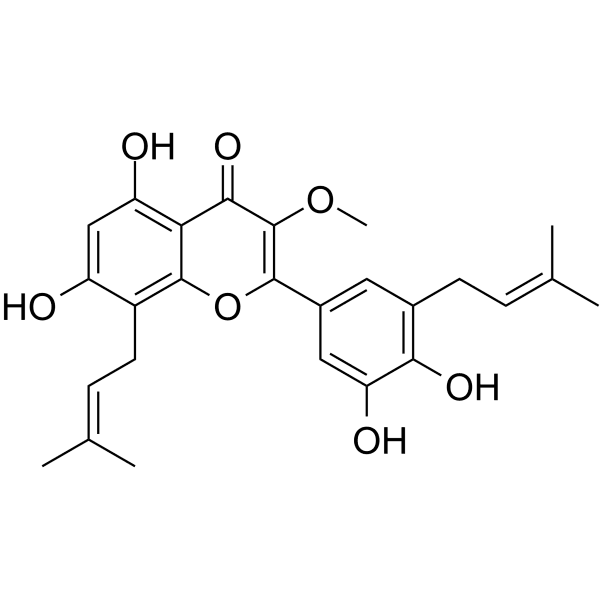 5,7,3',4'-Tetrahydroxy-3-methoxy-8,5'-diprenylflavone Structure