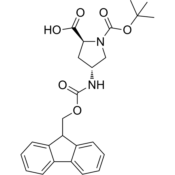 (2S, 4R)-4-((((9H-Fluoren-9-yl)methoxy)carbonyl)amino)-1-(tert-butoxycarbonyl)pyrrolidine-2-carboxylic acid Structure