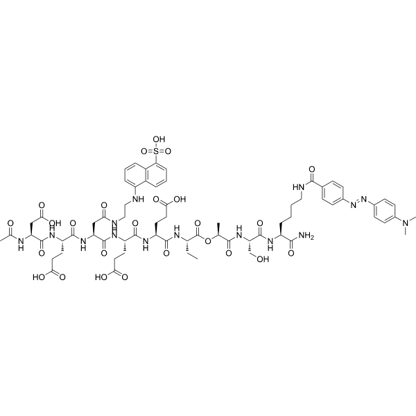 Ac-Asp-Glu-Asp(EDANS)-Glu-Glu-Abu-ψ-(COO)Ala-Ser-Lys(DABCYL)-NH2 Structure